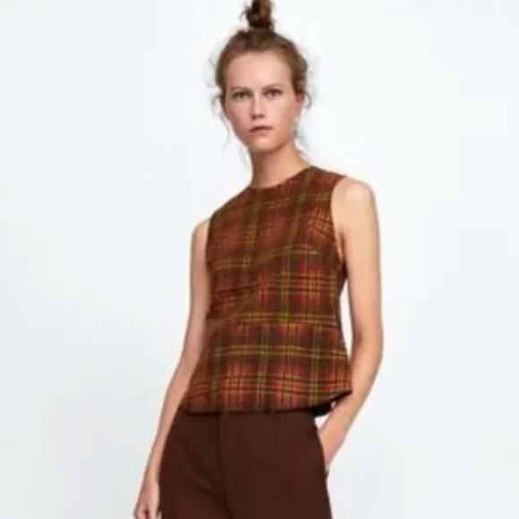 Zara Plaid Peplum Tank Blouse Sleeveless Size S - Picture 1 of 14